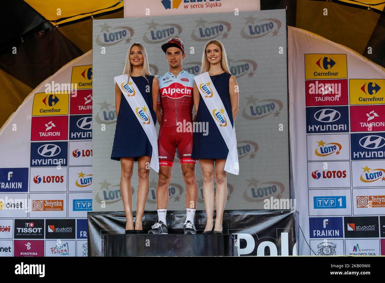 Jenthe BIERMANS receives Lotto award for most active rider of the the third stage of 75th Tour de Pologne, UCI World Tour in Zabrze, Poland on August 6, 2018. (Photo by Dominika Zarzycka/NurPhoto) Stock Photo