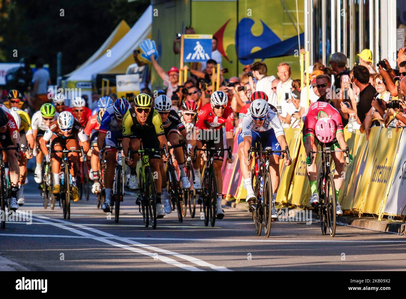 Alvaro Jose HODEG CHAGUI first crosses and wins the third stage of 75th Tour de Pologne, UCI World Tour in Zabrze, Poland on August 6, 2018. (Photo by Dominika Zarzycka/NurPhoto) Stock Photo