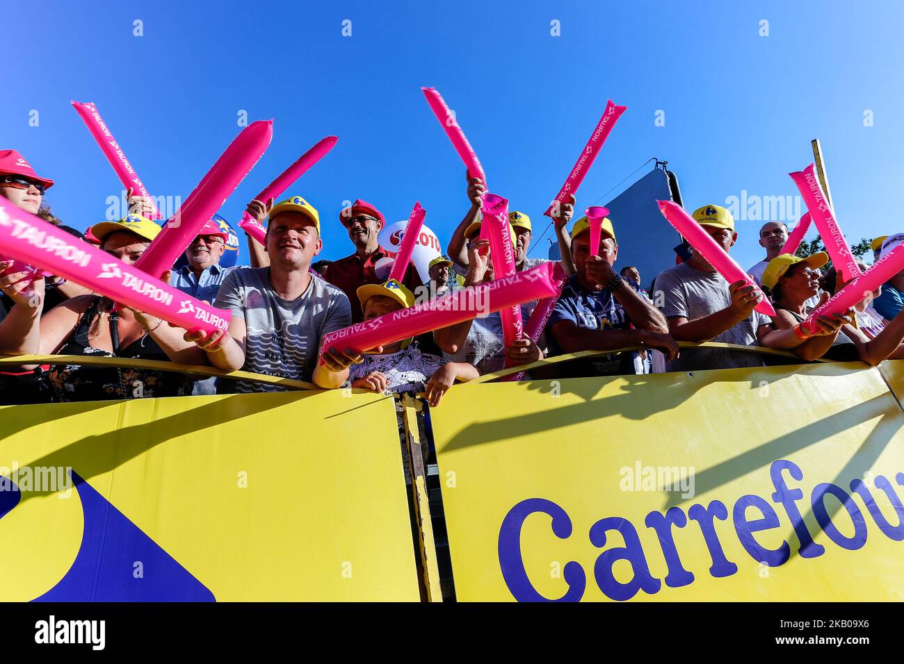 Public celebrateS the third day of Tour de Pologne on the finish line of third stage of the race in Zabrze, Poland on August 6, 2018. (Photo by Dominika Zarzycka/NurPhoto) Stock Photo