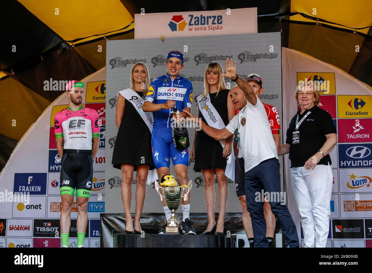 The winner, Alvaro Jose HODEG CHAGUI, second Daniel MCLAY and third André GREIPEL stand on the podium during the decoration ceremony after the third stage of 75th Tour de Pologne,UCI World Tour in Zabrze, Poland on August 6, 2018. (Photo by Dominika Zarzycka/NurPhoto) Stock Photo