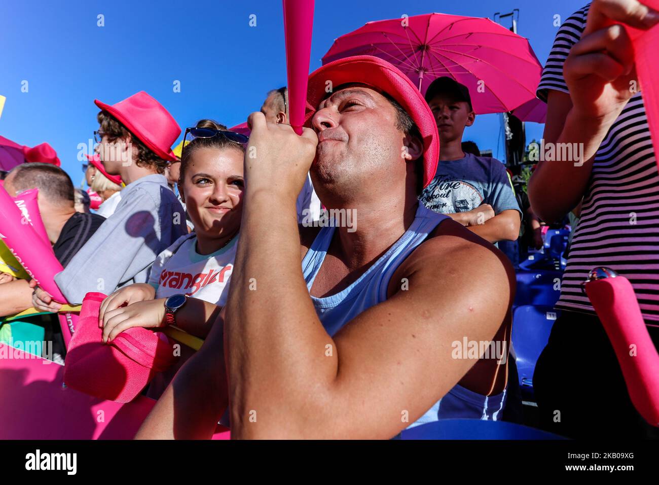 Public celebrateS the third day of Tour de Pologne on the finish line of third stage of the race in Zabrze, Poland on August 6, 2018. (Photo by Dominika Zarzycka/NurPhoto) Stock Photo