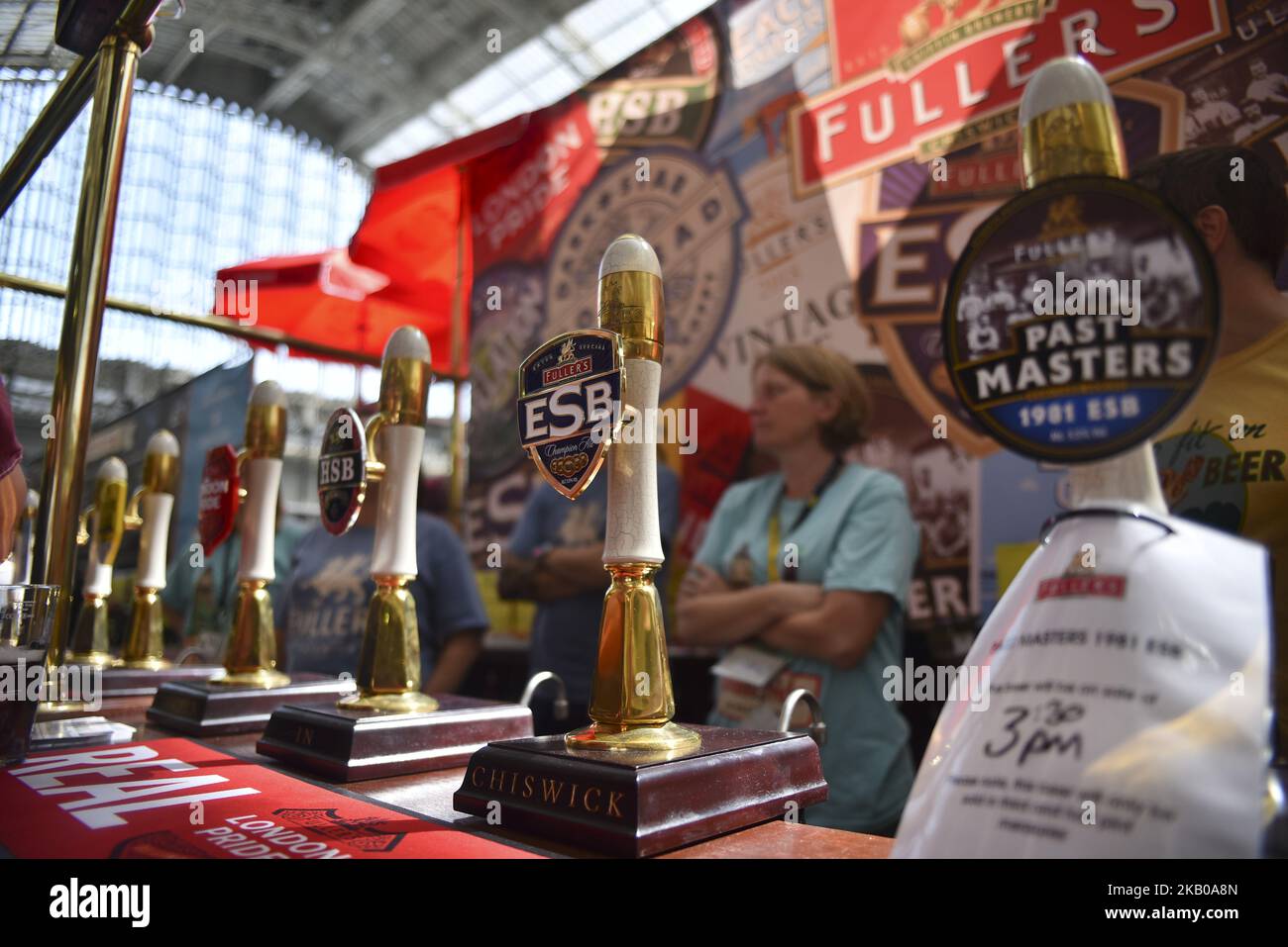 Visitors are seen at the CAMRA (Campaign for Real Ale) Great British Beer festival at Olympia exhibition centre, London on August 7, 2018. The five day event is Britain's largest beer festival with around 55,000 people expected to attend. The festival features over 900 real ales and ciders from around the world. (Photo by Alberto Pezzali/NurPhoto) Stock Photo