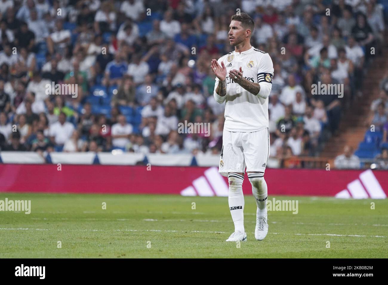SERGIO RAMOS of Real Madrid in action during the Trofeo Santiago Bernabeu match between Real Madrid and AC Milan at Estadio Santiago Bernabeu on August 11, 2018 in Madrid, Spain (Photo by Oscar Gonzalez/NurPhoto) Stock Photo