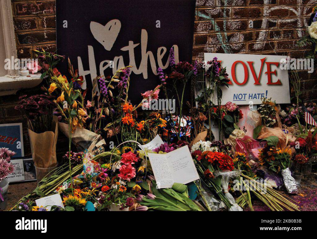 A memorial to Heather Heyer was laid out at the site of her murder by a White Supremacist terrorist in Charlottesville, VA on August 11, 2018. (Photo by Cory Clark/NurPhoto) Stock Photo