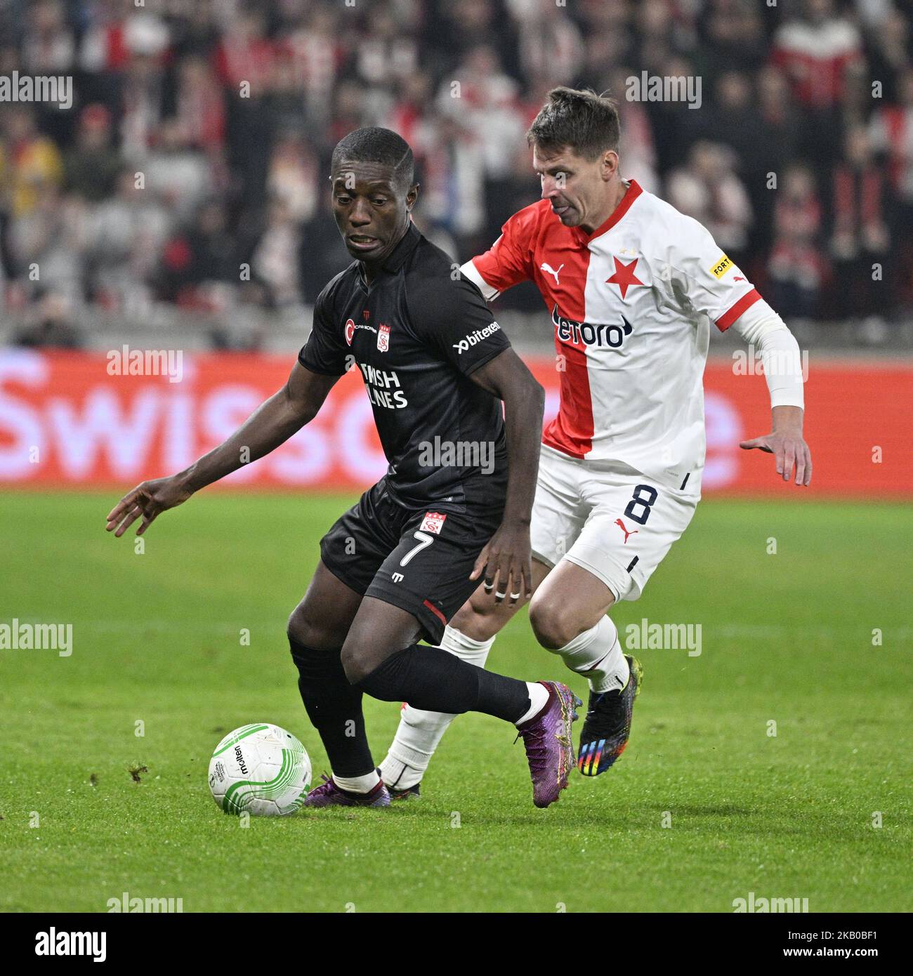 Prague, Czech Republic. 03rd Nov, 2022. L-R Max-Alain Gradel of Sivasspor and Lukas Masopust of Slavia in action during the Group G, 6th round soccer match of the European Conference League SK Slavia Praha vs Sivasspor, in Prague, Czech Republic, November 3, 2022. Credit: Vit Simanek/CTK Photo/Alamy Live News Stock Photo