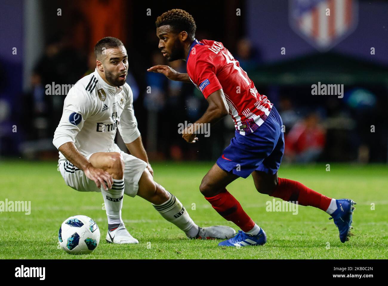 Dani Carvajal (L) of Real Madrid and Thomas Lemar of Atletico Madrid vie for the ball during the UEFA Super Cup match between Real Madrid and Atletico Madrid on August 15, 2018 at Lillekula Stadium in Tallinn, Estonia. (Photo by Mike Kireev/NurPhoto) Stock Photo
