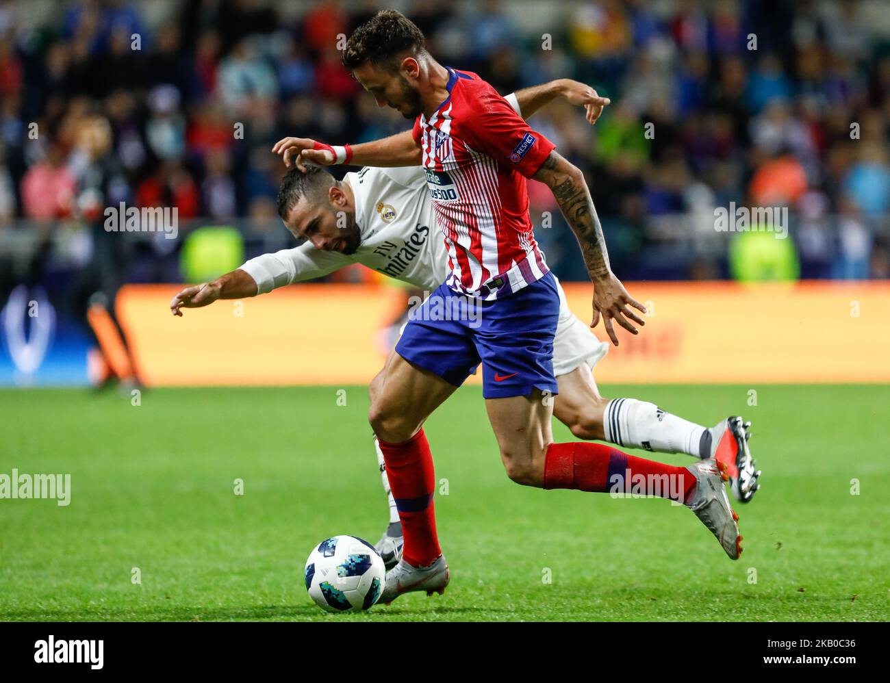 Dani Carvajal (L) of Real Madrid and Saul of Atletico Madrid vie for the ball during the UEFA Super Cup match between Real Madrid and Atletico Madrid on August 15, 2018 at Lillekula Stadium in Tallinn, Estonia. (Photo by Mike Kireev/NurPhoto) Stock Photo