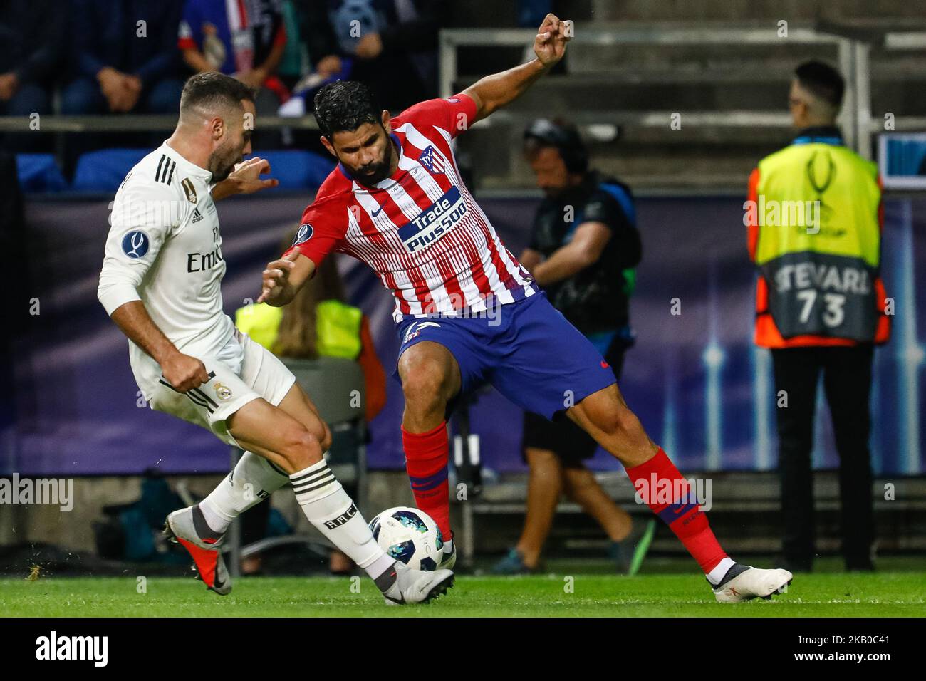 Dani Carvajal (L) of Real Madrid and Diego Costa of Atletico Madrid vie for the ball during the UEFA Super Cup match between Real Madrid and Atletico Madrid on August 15, 2018 at Lillekula Stadium in Tallinn, Estonia. (Photo by Mike Kireev/NurPhoto) Stock Photo