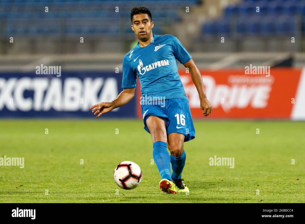 Christian Noboa of FC Zenit Saint Petersburg passes the ball during the UEFA Europa League third qualifying round second leg match between FC Zenit Saint Petersburg and FC Dinamo Minsk on August 16, 2018 at Petrovsky stadium in Saint Petersburg, Russia. (Photo by Mike Kireev/NurPhoto) Stock Photo