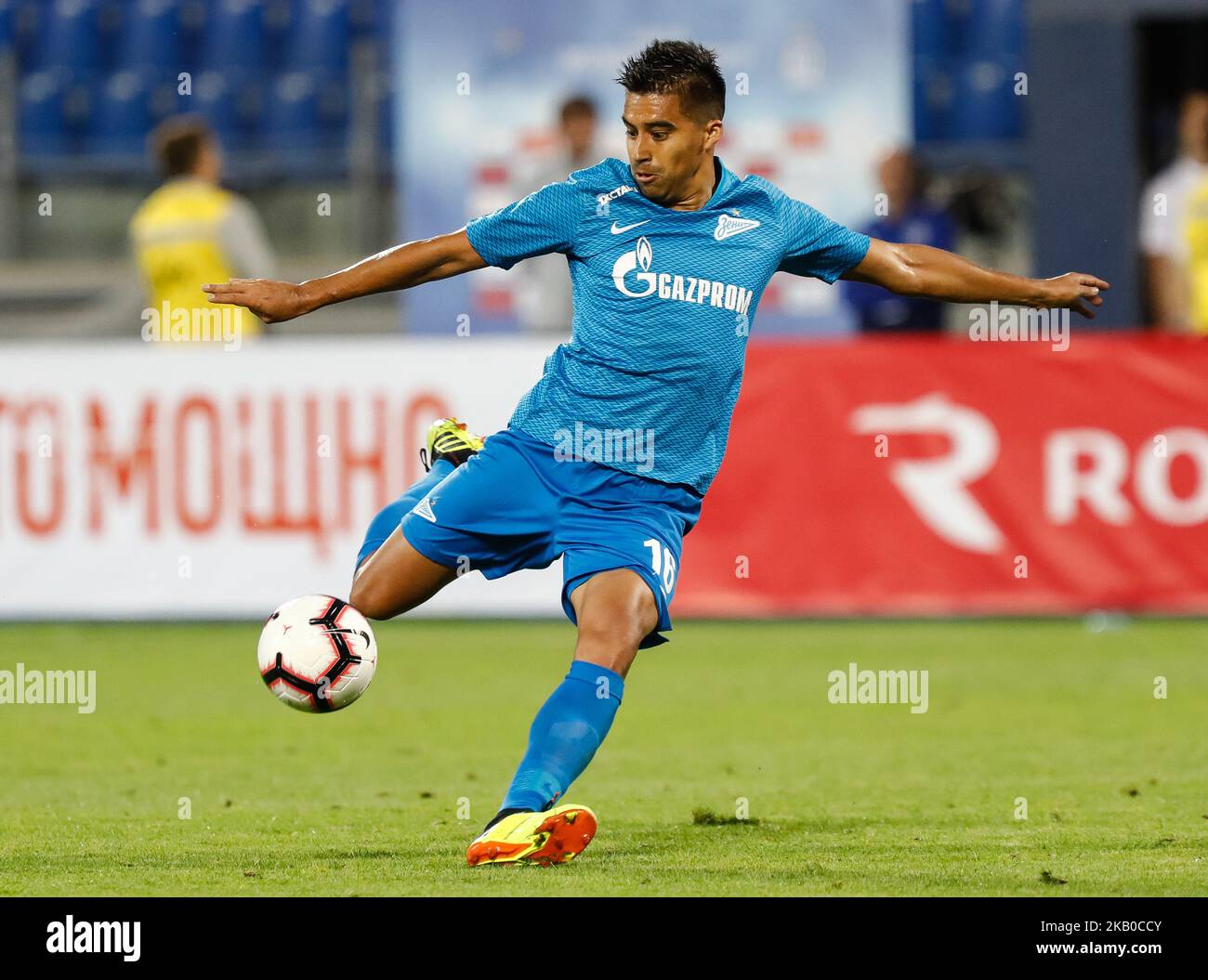 Christian Noboa of FC Zenit Saint Petersburg shoots on goal during the UEFA Europa League third qualifying round second leg match between FC Zenit Saint Petersburg and FC Dinamo Minsk on August 16, 2018 at Petrovsky stadium in Saint Petersburg, Russia. (Photo by Mike Kireev/NurPhoto) Stock Photo