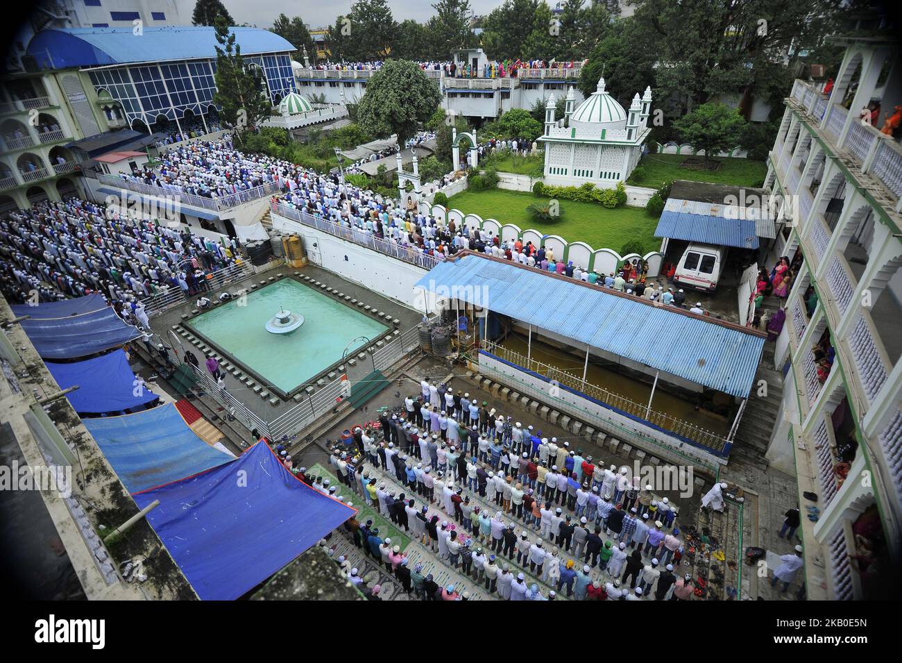 Nepalese Muslim offering ritual prayer during celebration of Bakra Eid or Eid al-Adha or Id-ul-Azha on Wednesday, August 22, 2018 in Kashmiri Jame Mosque, Kathmandu, Nepal. Bakra Eid, also known Eid al-Adha or Id-ul-Azha in Arabic, is a 'Feast of Sacrifice' and celebrated as the time to give and to sacrifice. Nepalese goverment announced a public holiday on the occasion of Bakra Eid or Eid al-Adha or Id-ul-Azha, one of the two major festivals for Muslims worldwide. (Photo by Narayan Maharjan/NurPhoto) Stock Photo