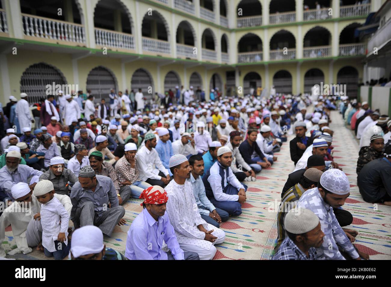 Nepalese Muslim arrive to offer ritual prayer during celebration of Bakra Eid or Eid al-Adha or Id-ul-Azha on Wednesday, August 22, 2018 in Kashmiri Jame Mosque, Kathmandu, Nepal. Bakra Eid, also known Eid al-Adha or Id-ul-Azha in Arabic, is a 'Feast of Sacrifice' and celebrated as the time to give and to sacrifice. Nepalese goverment announced a public holiday on the occasion of Bakra Eid or Eid al-Adha or Id-ul-Azha, one of the two major festivals for Muslims worldwide. (Photo by Narayan Maharjan/NurPhoto) Stock Photo