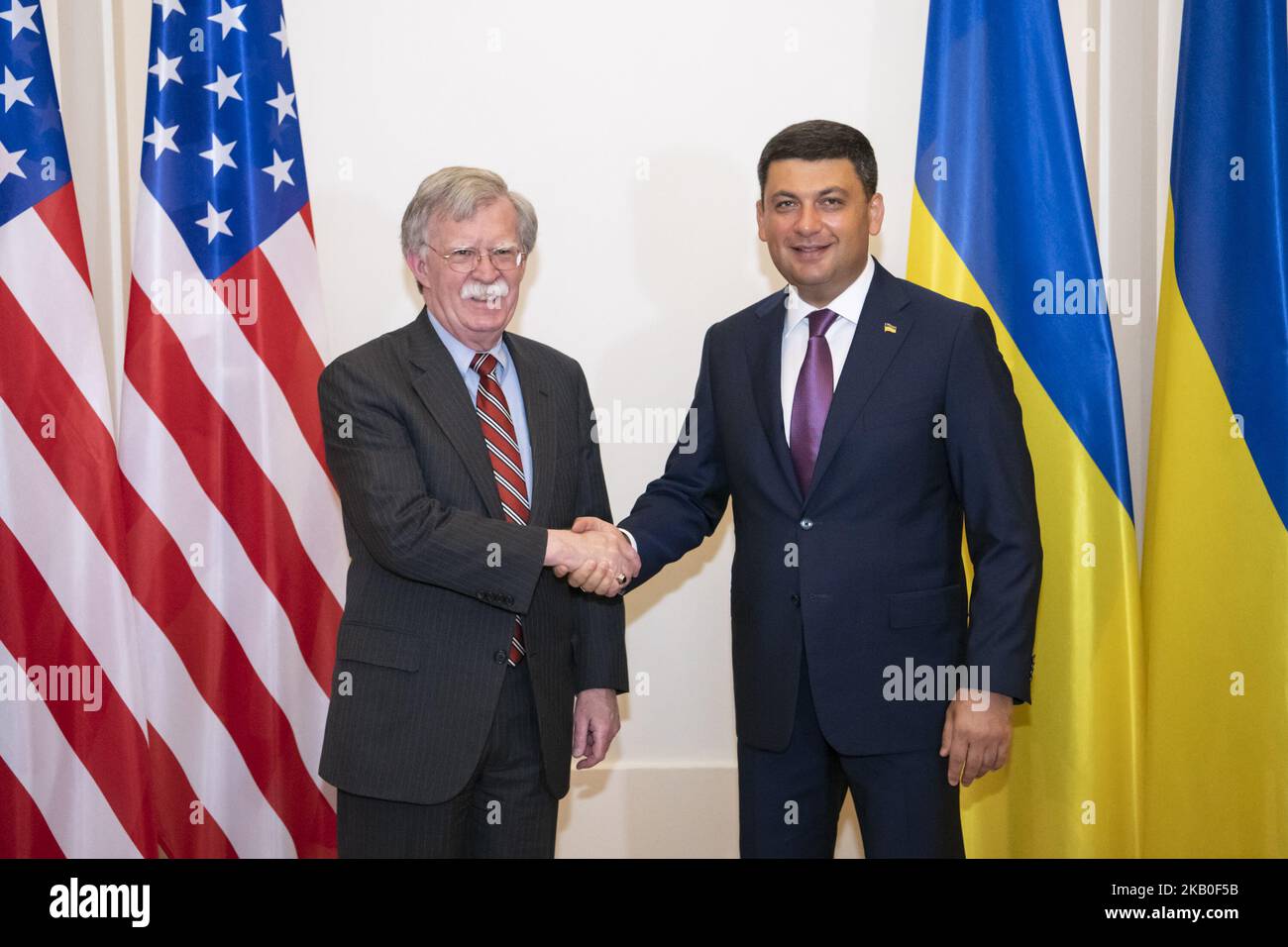Prime Minister of Ukraine Volodymyr Groysman and National Security Advisor to the United States John Bolton during a meeting in Kyiv, Ukraine. 24-08-20 (Photo by Maxym Marusenko/NurPhoto) Stock Photo