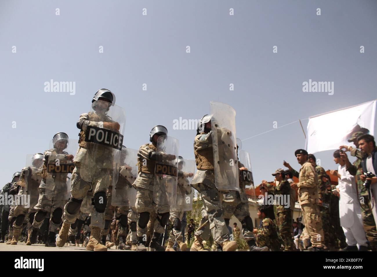 Afghan security forces during in a military march in Badakhshan province, on 19 August 2018.They show their military capabilities to people in order to trust the people about these forces. (Photo by Mohammad Sharif Shayeq/NurPhoto) Stock Photo