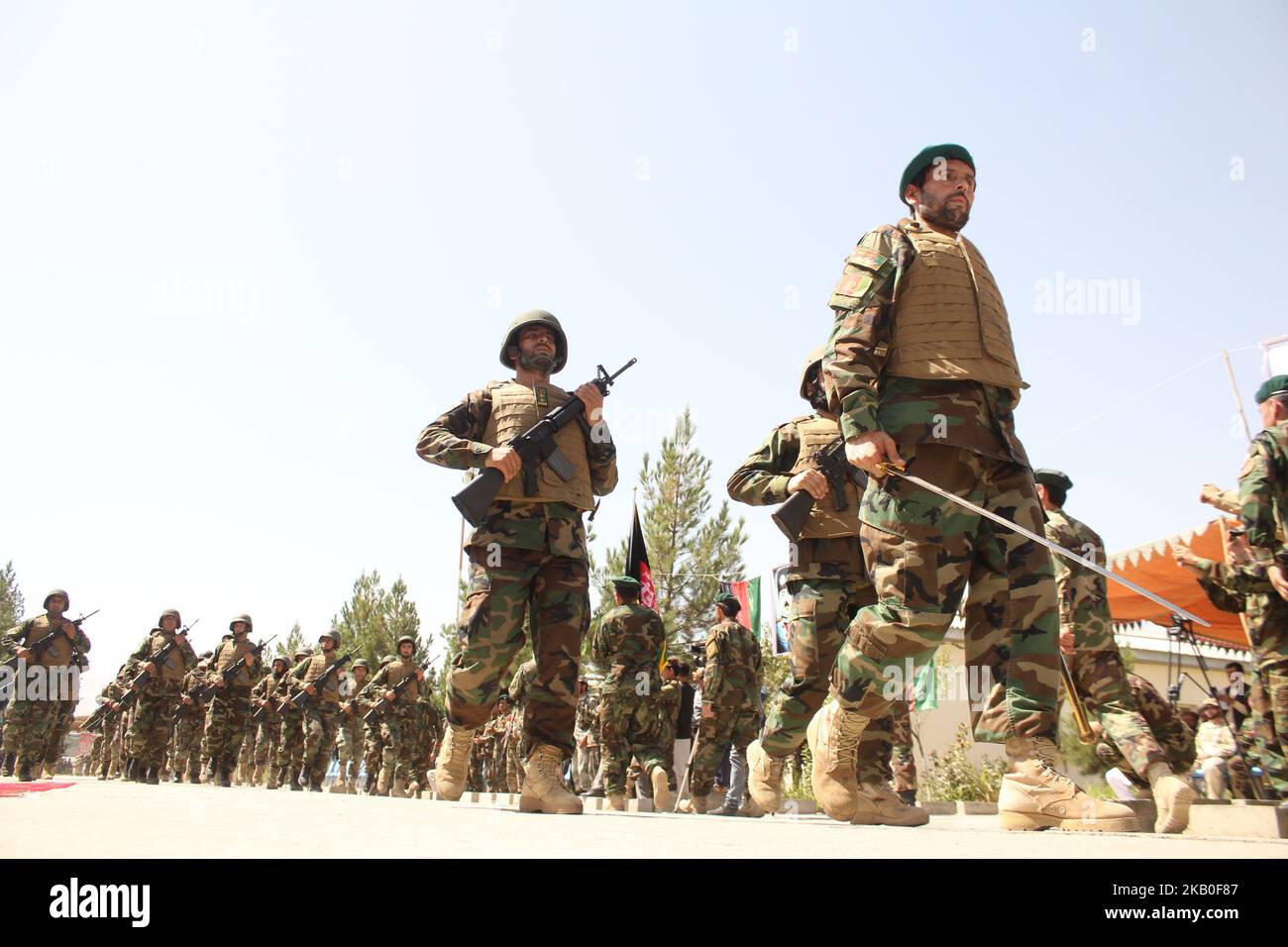 Afghan security forces during in a military march in Badakhshan province, on 19 August 2018.They show their military capabilities to people in order to trust the people about these forces. (Photo by Mohammad Sharif Shayeq/NurPhoto) Stock Photo