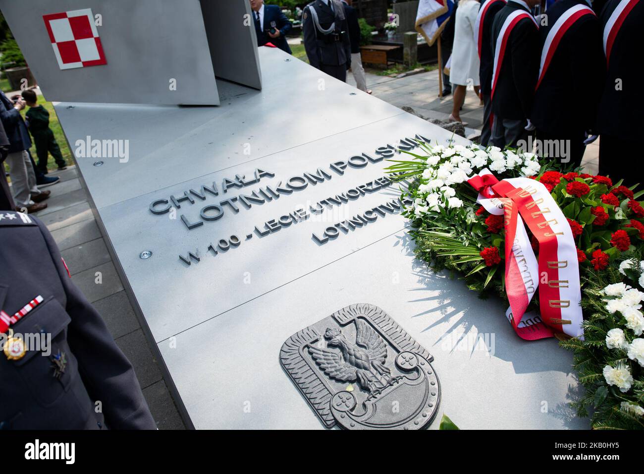 Unveiling ceremony of the 'Glory to Polish Pilots' monument on the Polish Aviation Day at Powazki Military Cemetery in Warsaw, Poland on 28 August 2018 (Photo by Mateusz Wlodarczyk/NurPhoto) Stock Photo