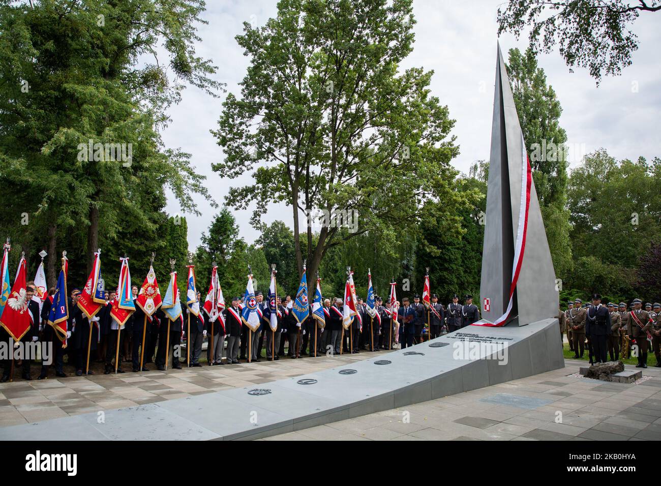 Unveiling ceremony of the 'Glory to Polish Pilots' monument on the Polish Aviation Day at Powazki Military Cemetery in Warsaw, Poland on 28 August 2018 (Photo by Mateusz Wlodarczyk/NurPhoto) Stock Photo