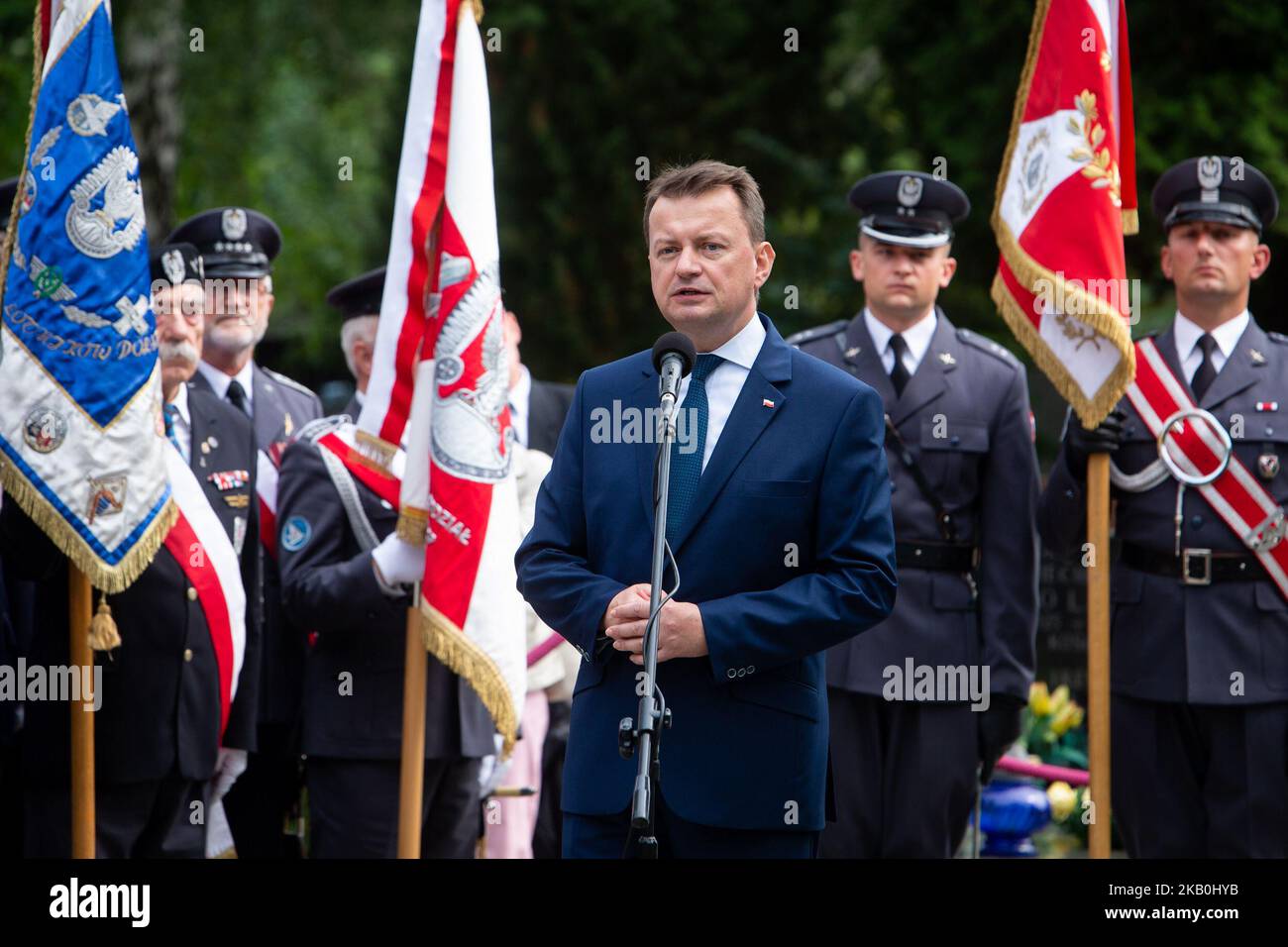 Defence Minister Mariusz Blaszczak during unveiling ceremony of the 'Glory to Polish Pilots' monument on the Polish Aviation Day at Powazki Military Cemetery in Warsaw, Poland on 28 August 2018 (Photo by Mateusz Wlodarczyk/NurPhoto) Stock Photo