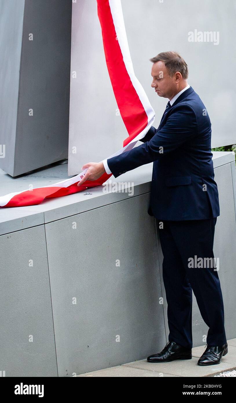 Polish President Andrzej Duda during unveiling ceremony of the 'Glory to Polish Pilots' monument on the Polish Aviation Day at Powazki Military Cemetery in Warsaw, Poland on 28 August 2018 (Photo by Mateusz Wlodarczyk/NurPhoto) Stock Photo