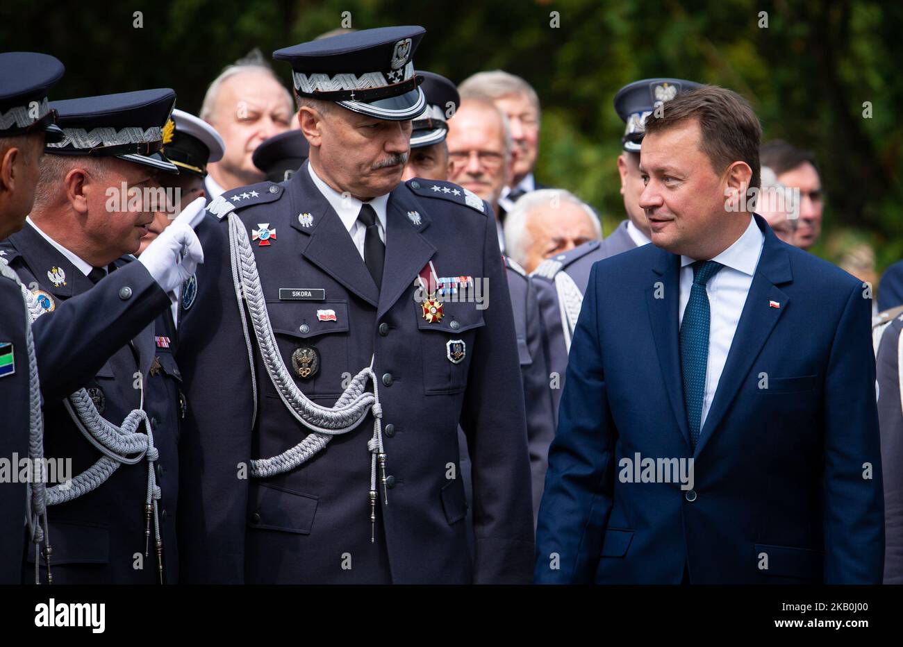 Defence Minister Mariusz Blaszczak during unveiling ceremony of the 'Glory to Polish Pilots' monument on the Polish Aviation Day at Powazki Military Cemetery in Warsaw, Poland on 28 August 2018 (Photo by Mateusz Wlodarczyk/NurPhoto) Stock Photo