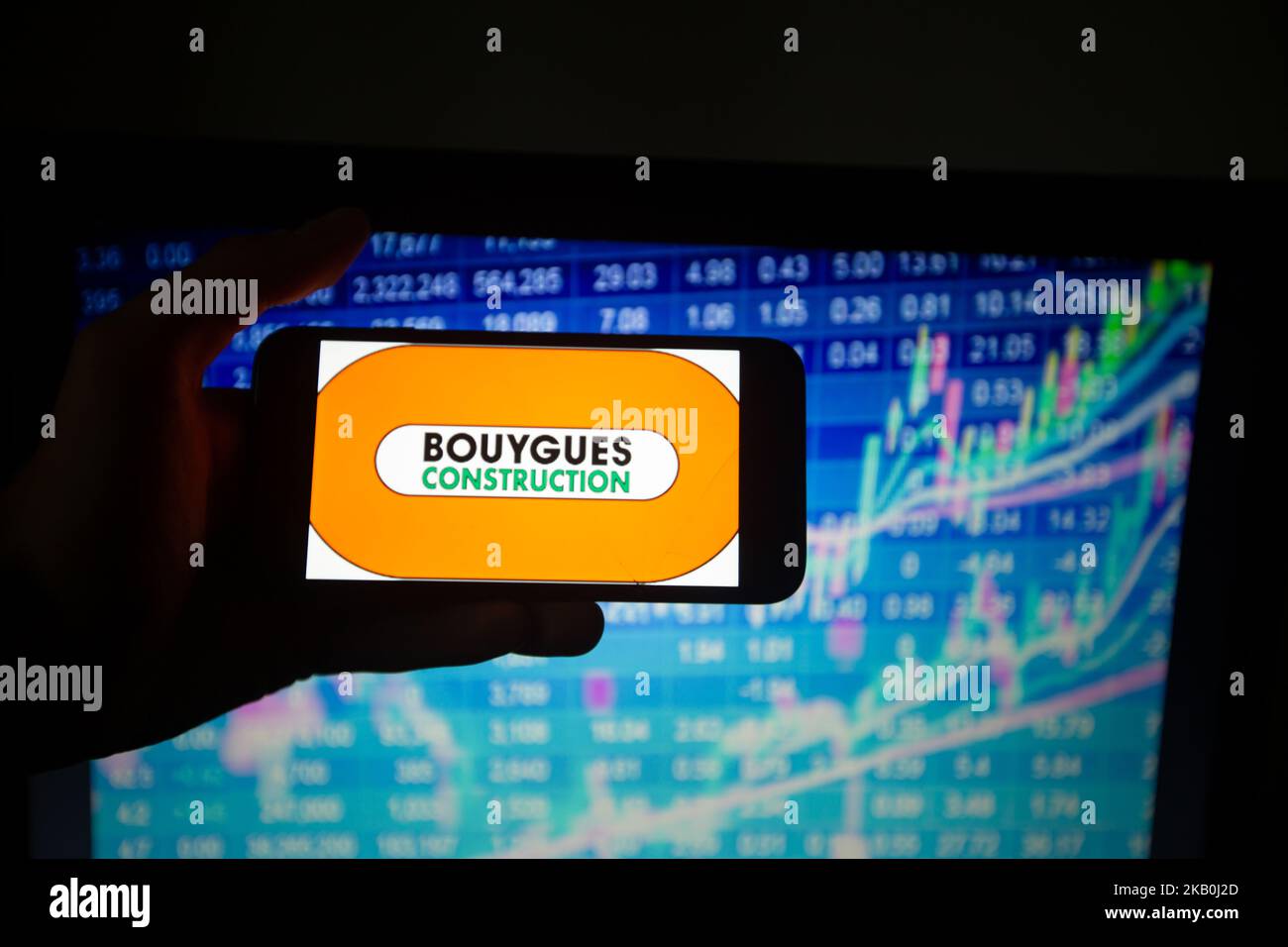 The logo of the french corporation Bouygues Construction listed in the CAC 40 in Paris is seen in the illustration on August 28, 2018. The CAC 40 represents the 40 biggest French companies on the stock market. (Photo by Alexander Pohl/NurPhoto) Stock Photo