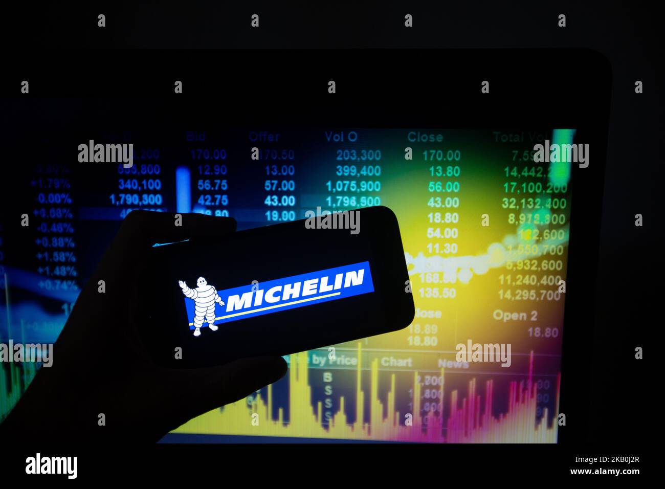 The logo and the Michelin-Man (Bibendum) of the french Tyre corporation Michelin listed in the CAC 40 in Paris is seen in the illustration on August 28, 2018. The CAC 40 represents the 40 biggest French companies on the stock market. (Photo by Alexander Pohl/NurPhoto) Stock Photo