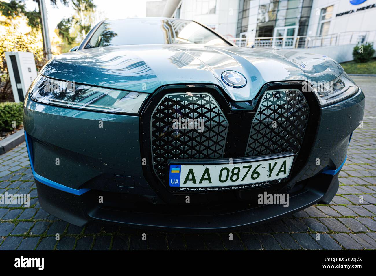 Lviv, Ukraine - October 09, 2022: BMW iX on charging station. Car is a ...