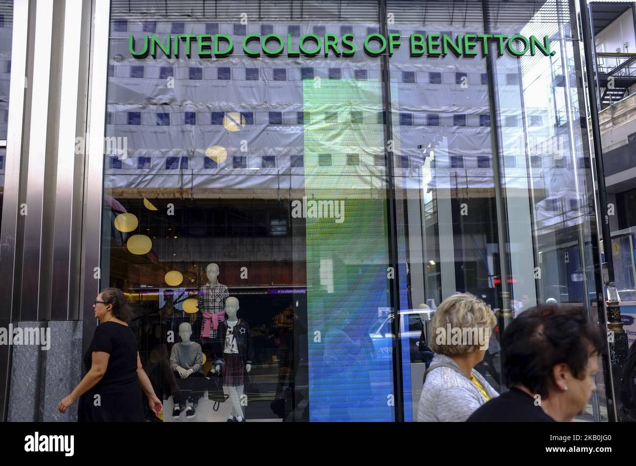 A United Colors Of Benetton store is pictured in central London on August 29, 2018. Following the collapse of Morandi Bridge in Genoa, which costed the life to 41 people, Italy's Deputy Prime Minister Matteo Salvini signaled support for a political compromise taking shape following last week's Genoa bridge collapse, saying he favored a government ownership role in toll-road operator Autostrade per l'Italia, but opposed nationalizing the highway network. Autostrade is a motorways concession society, part of the Atlantia Group, which owns 88.06% of the share capital and refers, as the main shar Stock Photo
