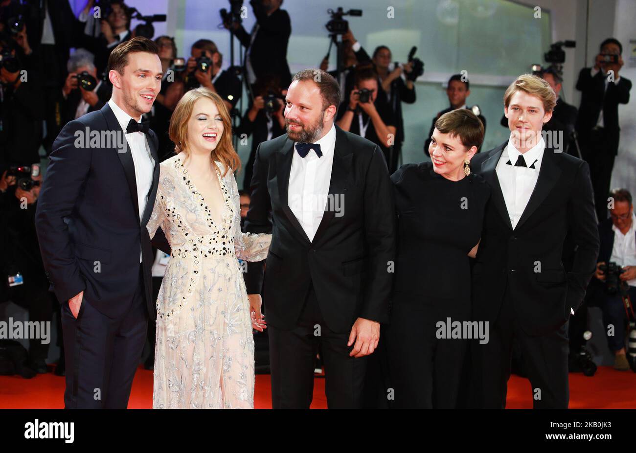 (R-L) Joe Alwyn, Emma Stone, Yorgos Lanthimos, Olivia Colman and Nicholas Hoult walk the red carpet ahead of the 'The Favourite' screening during the 75th Venice Film Festivalin Venice, Italy, on August 30, 2018. (Photo by Matteo Chinellato/NurPhoto) Stock Photo