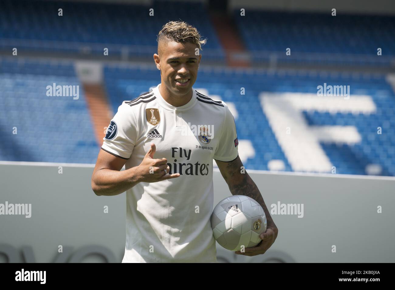 Mariano Diaz Mejia reacts on the pitch after being announced as a Real  Madrid player at Santiago Bernabeu Stadium on August 31, 2018 in Madrid,  Spain. (Photo by Oscar Gonzalez/NurPhoto Stock Photo -