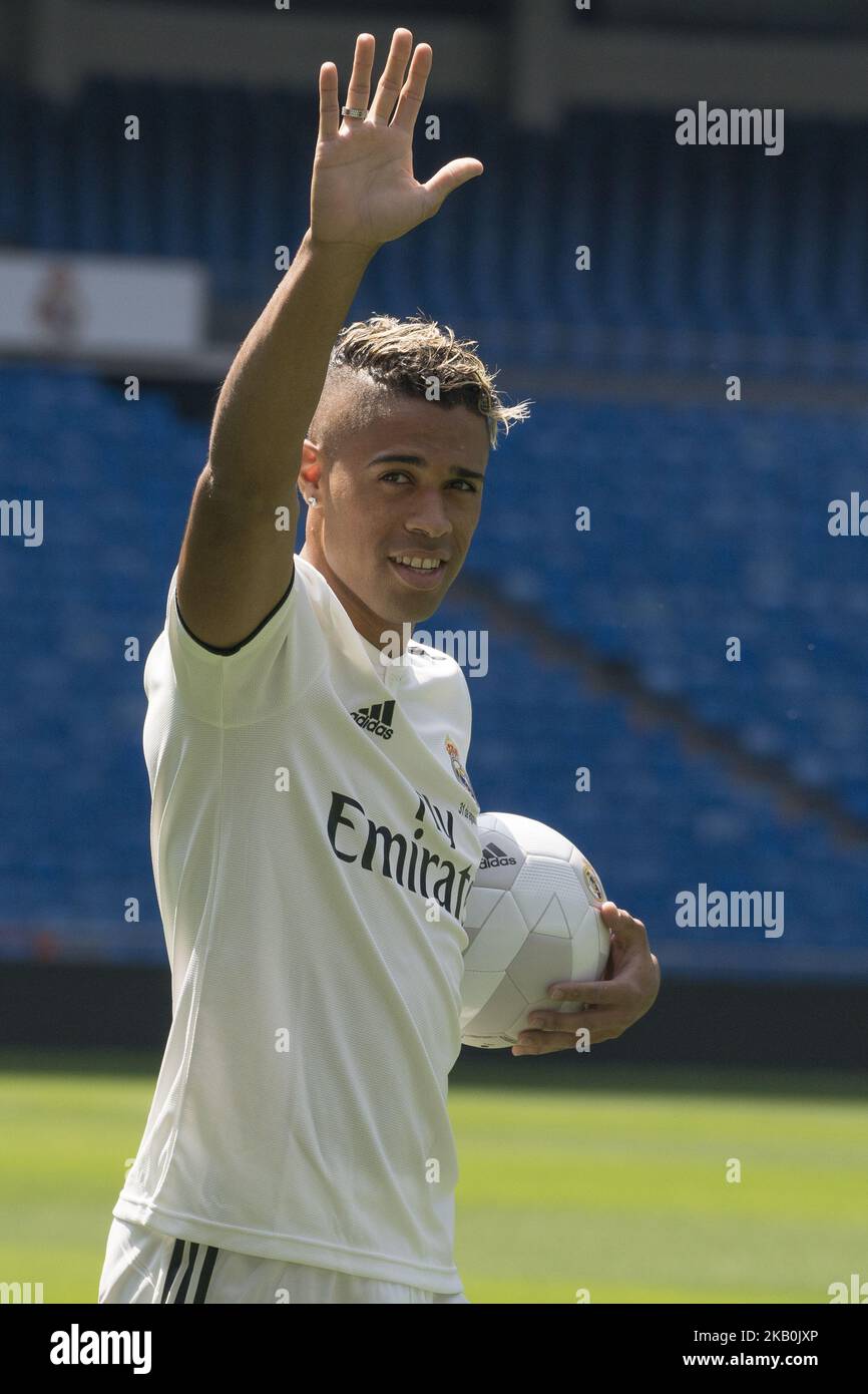 Mariano Diaz Mejia reacts on the pitch after being announced as a Real ...