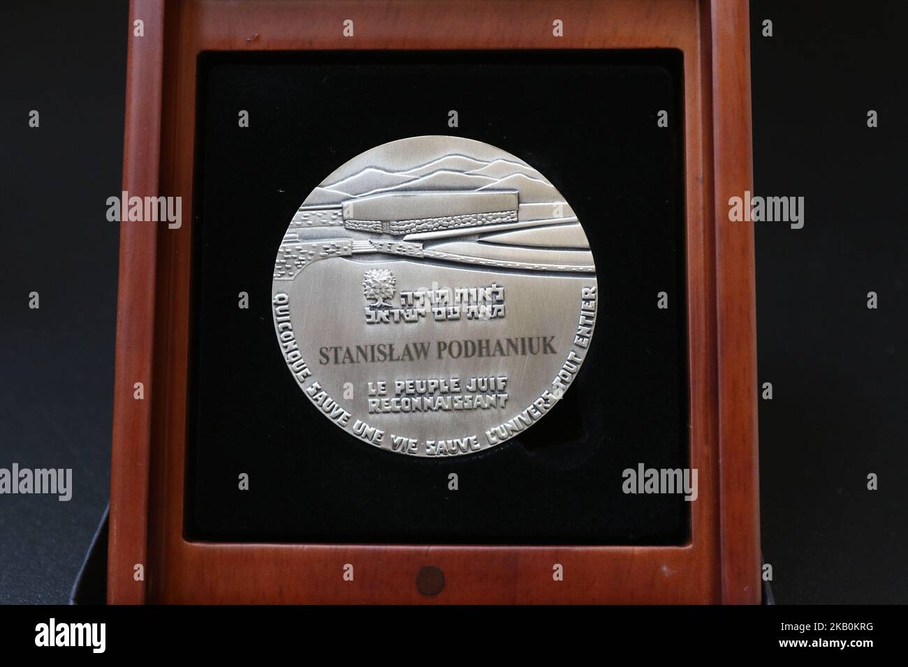 A medal with a Stanislaw Podhaniuk name is seen in Gdansk, Poland on 30 August 2018 The Embassy of Israel with Yad Vashem honored posthumously six Righteous Among the Nations, non-Jews who saved the lives of Jews during World War II. (Photo by Michal Fludra/NurPhoto) Stock Photo