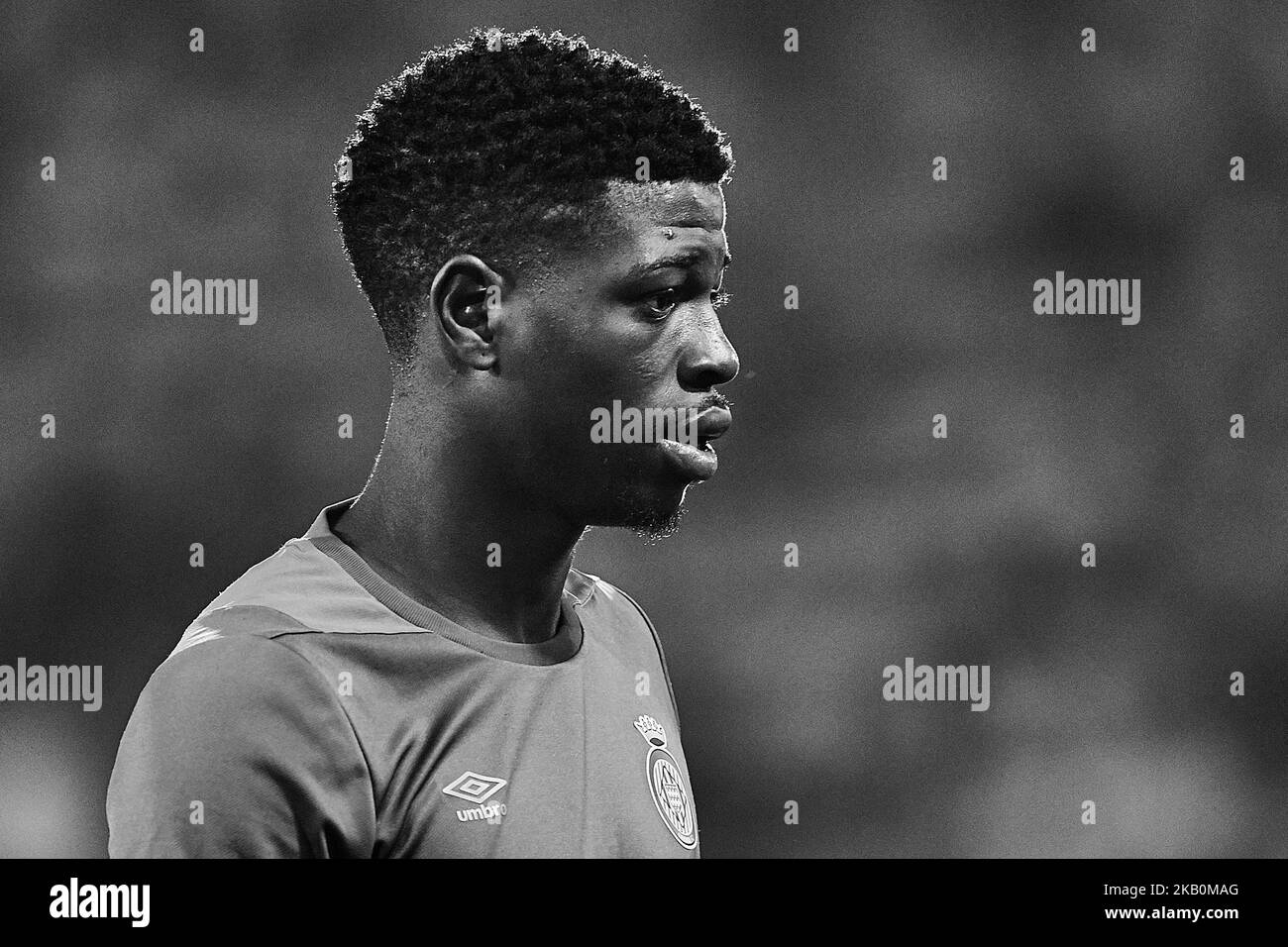 (EDITORS NOTE: the image has been converted to black and white) Kevin Soni of Girona FC looks on prior to the La Liga match between Villarreal CF and Girona FC at Estadio de la Ceramica on August 31, 2018 in Vila-real, Spain (Photo by David Aliaga/NurPhoto) Stock Photo