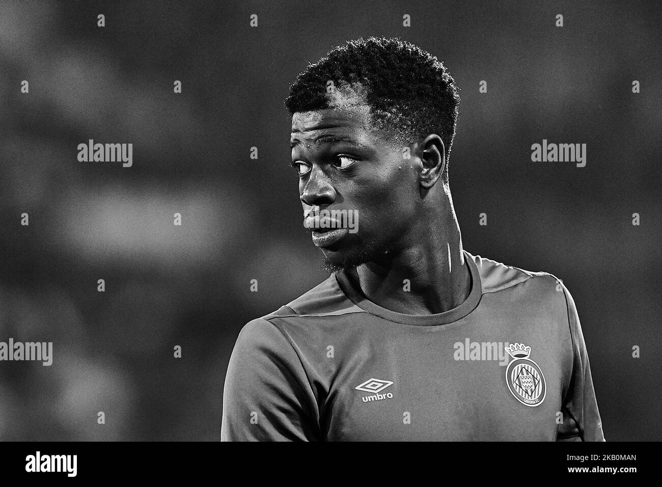 (EDITORS NOTE: the image has been converted to black and white) Kevin Soni of Girona FC looks on prior to the La Liga match between Villarreal CF and Girona FC at Estadio de la Ceramica on August 31, 2018 in Vila-real, Spain (Photo by David Aliaga/NurPhoto) Stock Photo
