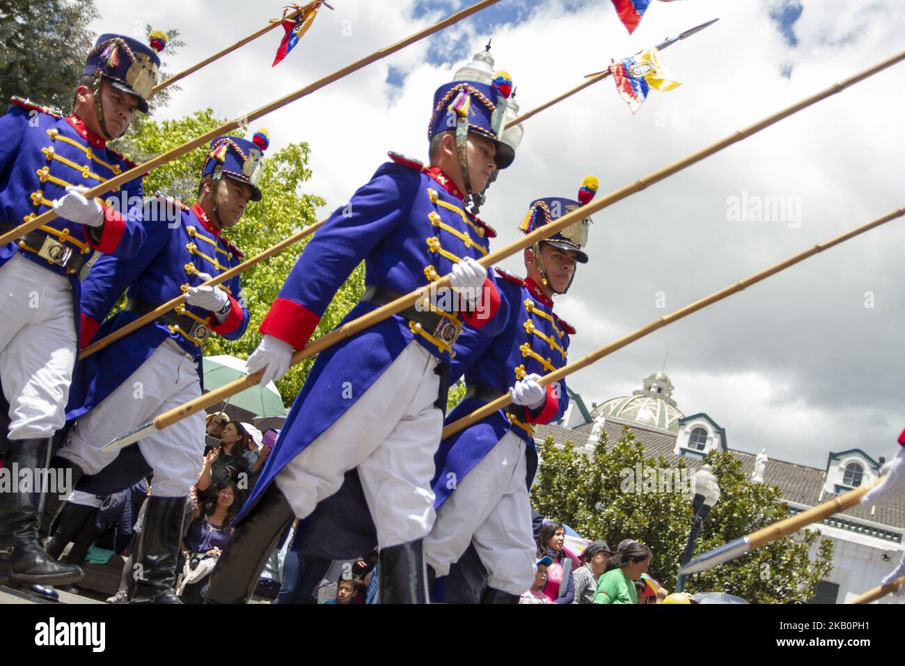 As every Monday morning, the staff working at the Palacio De Carondelet (Quito - Ecuador) prepared for the change of presidential guard Granaderos De Tarqui. Among the itinerary of the event is common to open the participation of the citizen, in this case the stage had the pleasant visit of talent from the province of Loja. Without a doubt, we were able to enjoy state authorities, VerÃ³nica Espinoza Minister of Health and a colorful mosaic of talents. In addition to the monuments that trance through the history and art exhibitions of Yoko Ono that englanan the city of Quito. On 3 September 201 Stock Photo