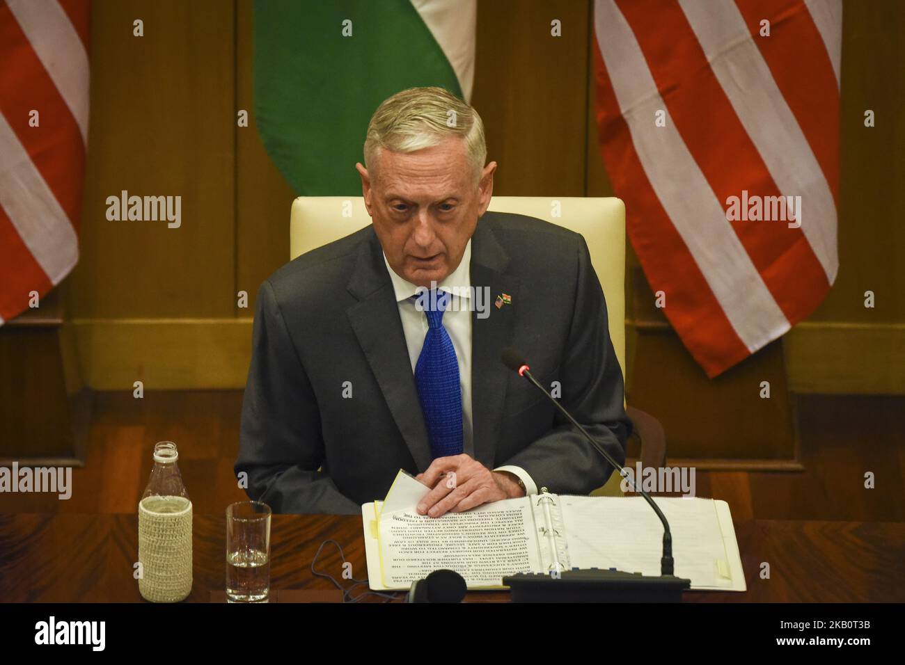 US Secretary of Defense Jim Mattis as they present statements to the media following a meeting with their Indian counterparts in New Delhi on September 6, 2018. (Photo by Indraneel Chowdhury/NurPhoto) Stock Photo