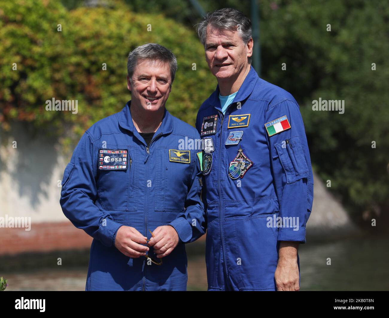Astronauts Roberto Vittori (R) and Paolo Nespoli (L) is seen during the 75th Venice Film Festival on September 6, 2018 in Venice, Italy. (Photo by Matteo Chinellato/NurPhoto) Stock Photo