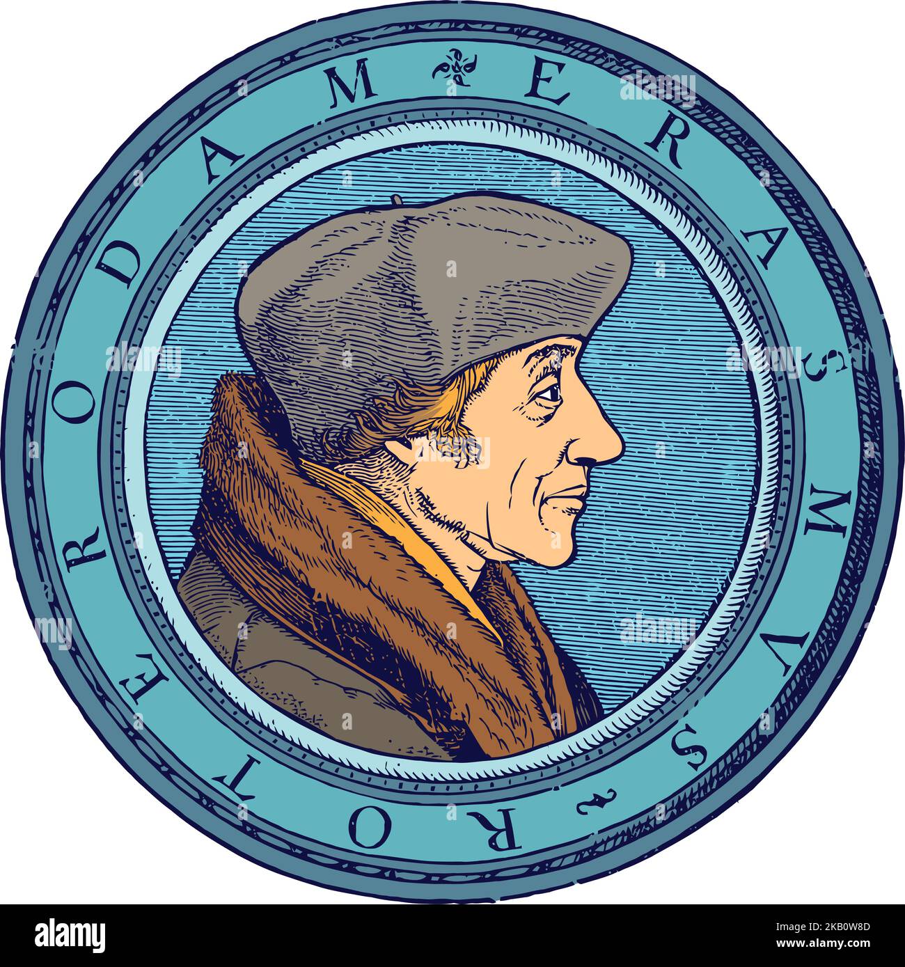Portrait of Desiderius Erasmus Roterodamus, known as Erasmus or Erasmus of Rotterdam, was a Dutch Christian humanist who was the greatest scholar of t Stock Vector