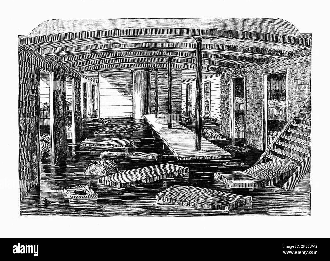 The midship saloon of the the three year old Inman Company steamship 'City of New York' after she ran up on a reef called Daunt's Rock in March, 1864.  Held firm, and in mild weather, the passengers and crew had little difficulty abandoning ship and no casualties were reported. She had sailed from New York  across the Atlanti and was approaching Queenstown Harbour (now called Cobh) on the County Cork coast of Ireland. Stock Photo