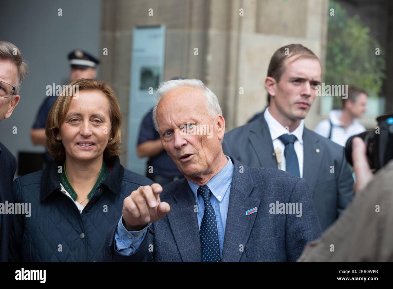 Beatrix von Storch standind next to Uli Henkel pointing the finger. The vice chairwoman of the Alternative for Germany (AfD) Beatrix von Storch held a short speech in Munich, Germany on September 8, 2018. Before that the candidates from Munich were presented. (Photo by Alexander Pohl/NurPhoto) Stock Photo