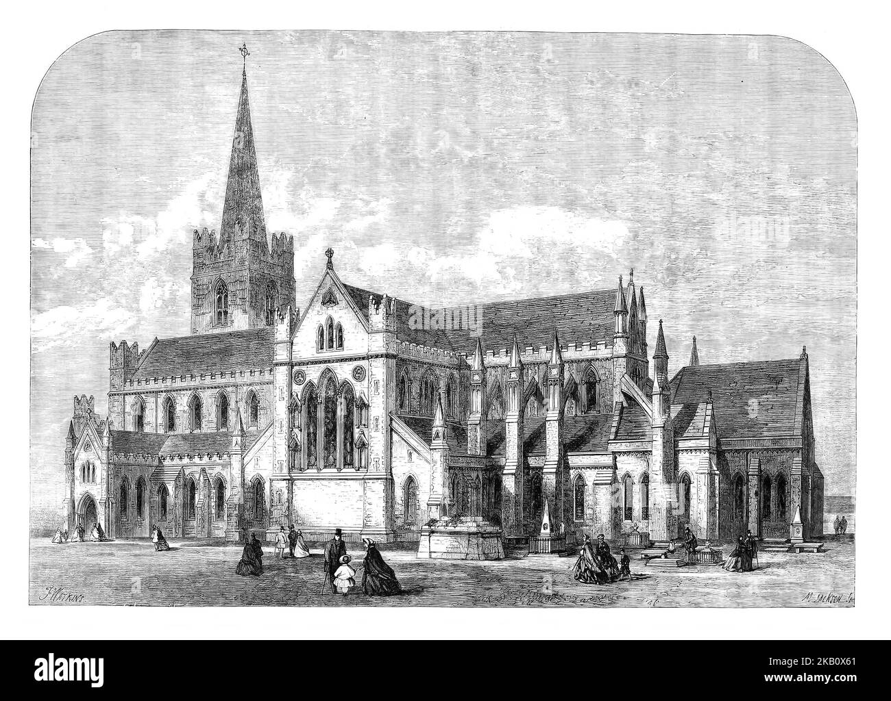 The exterior of the restored St Patrick's Cathedral in Dublin Ireland. In 1805, the north transept was in ruins and the south transept was in a poor condition. Major reconstruction, paid for by Benjamin Guinness, in 1860–65, was inspired by the fear that the cathedral was in imminent danger of collapse, so much of the current building and decoration dates from the Victorian era and few records of the work survive today. A failure to preserve records means that little is known as to how much of the current building is genuinely mediæval and how much is Victorian pastiche. Stock Photo