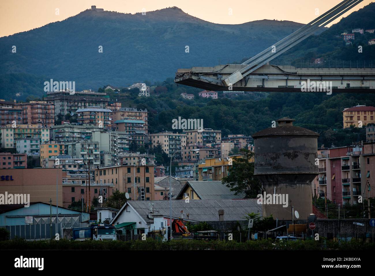 A picture shows the collapsed Morandi motorway bridge in Genoa on