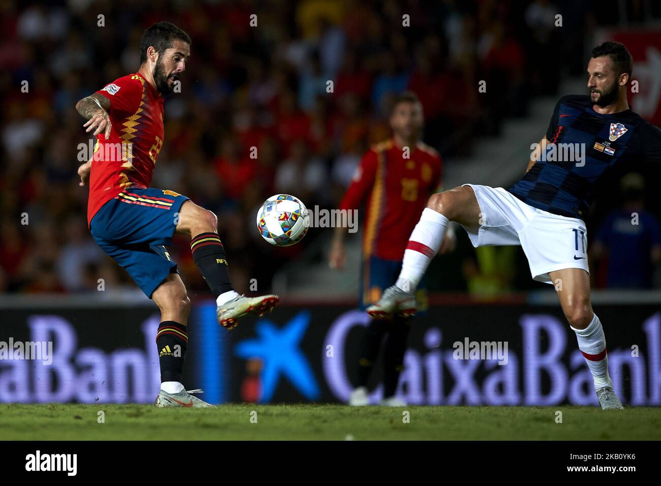Isco Alarcon of Spain and Marcelo Brozovic of Croatia battle for the ball during the UEFA Nations League football match between Spain and Croatia at Martinez Valero Stadium in Elche, Spain on September 11, 2018. (Photo by Jose Breton/NurPhoto) Stock Photo