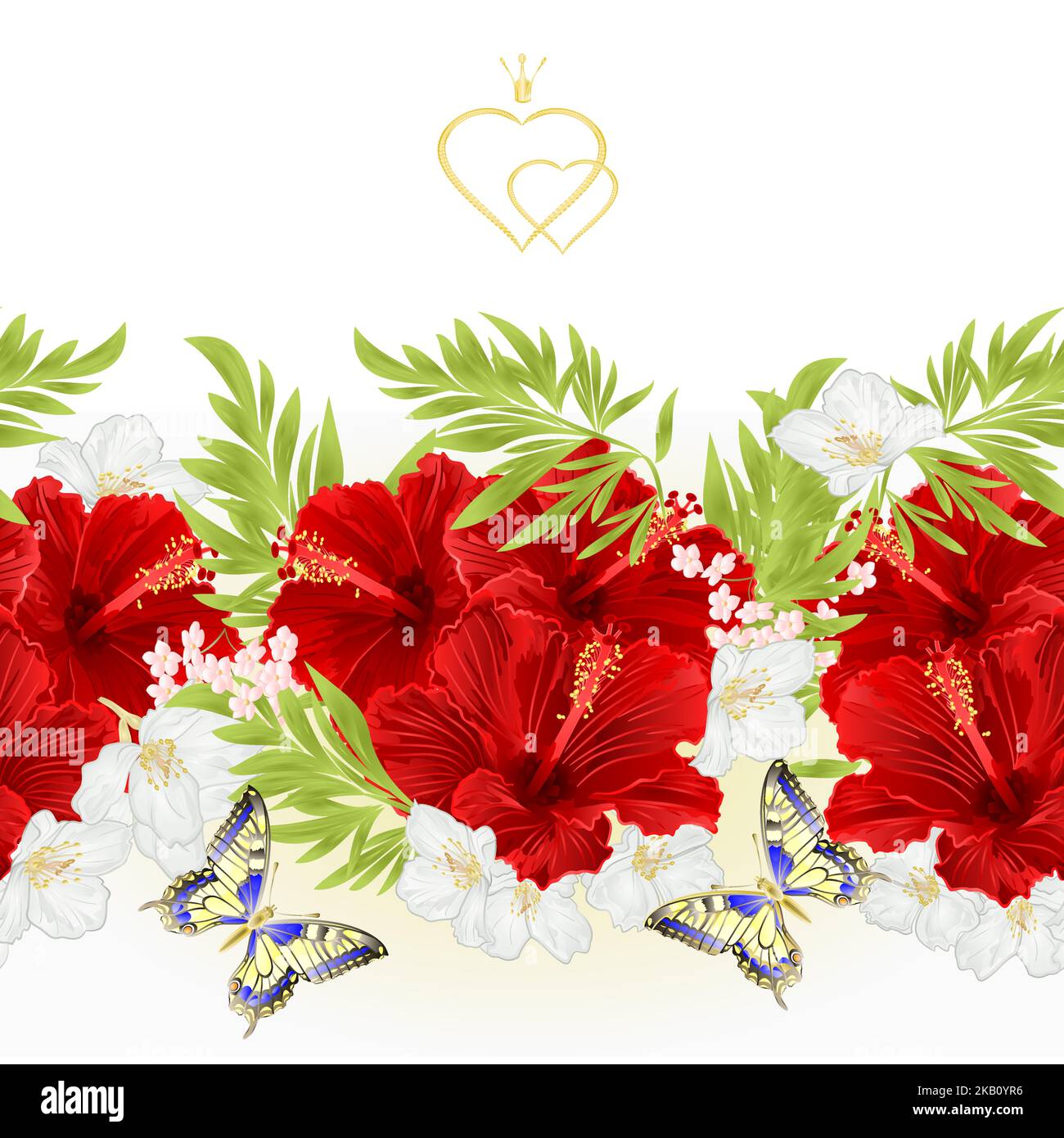 Floral border seamless background red hibiscus tropical flowers with ...
