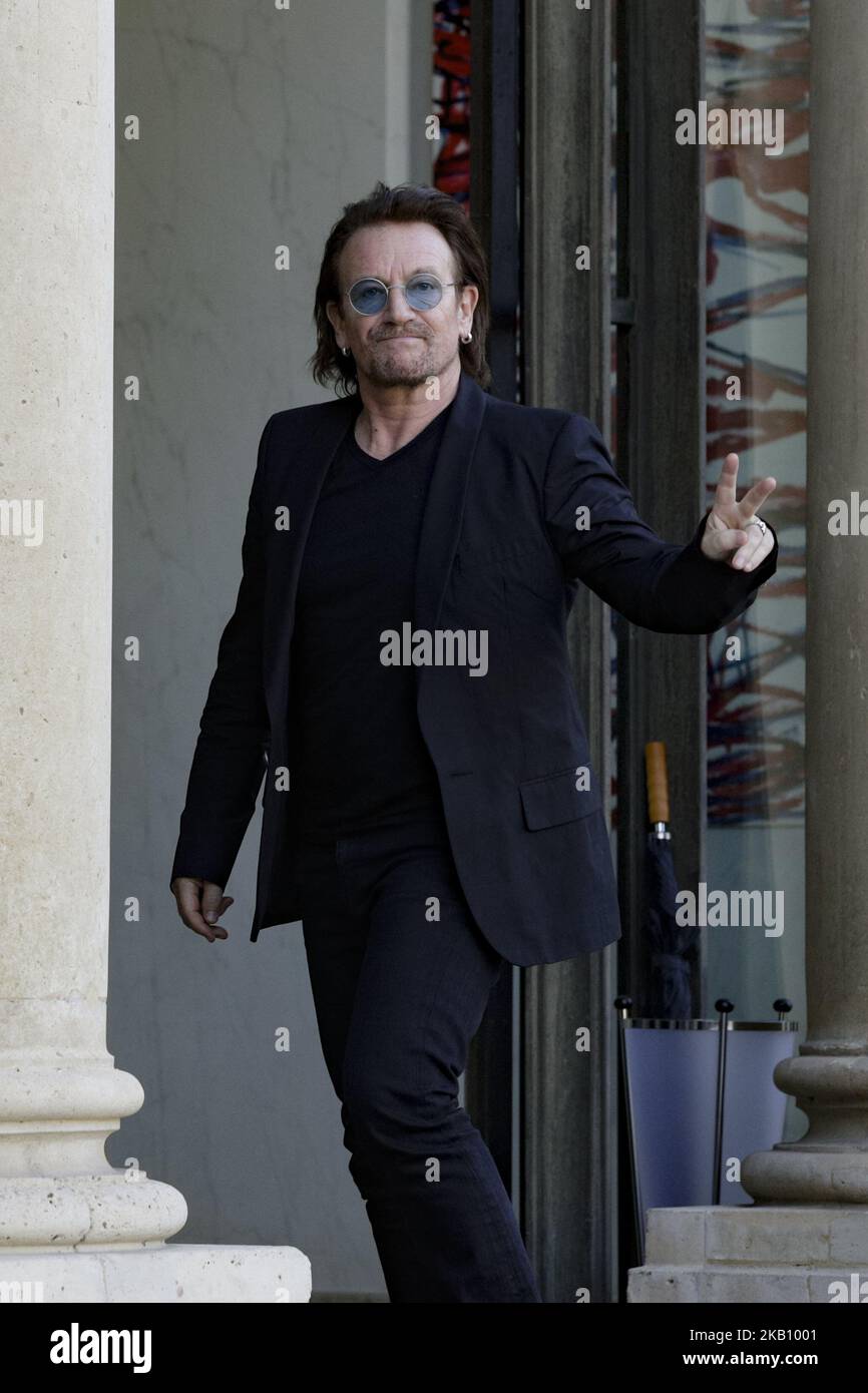 Irish lead singer of rock band U2, Paul David Hewson aka Bono arrives at the Elysee Palace, in Paris, ahead of a meeting with French President, on September 10, 2018. Emmanuel Macron received U2 singer Bono, co-founder of the NGO One, to discuss aid development and a partnership between Europe and Africa. (Photo by Geoffroy Van der Hasselt/NurPhoto) Stock Photo