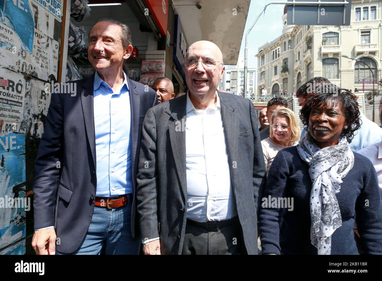 MDB party candidate for the presidency of the Republic, Henrique Meirelles (R), and MDB candidate for the government of São Paulo, Paulo Skaf (L), walk during a campaign in the region of Rua 25 de Março on September 12, 2018. (Photo by Dario Oliveira/NurPhoto) Stock Photo