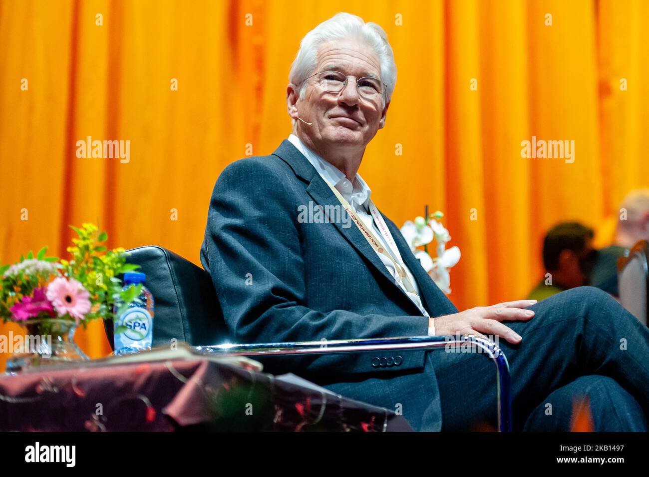 Tibetan spiritual leader Dalai Lama (not in picture) speaks with American actor Richard Gere during a lecture about the International Campaign for Tibet at Ahoy in Rotterdam, on 16 September 2018. The 83-year-old Dalai Lama is in the Netherlands for four days. (Photo by Romy Arroyo Fernandez/NurPhoto) Stock Photo