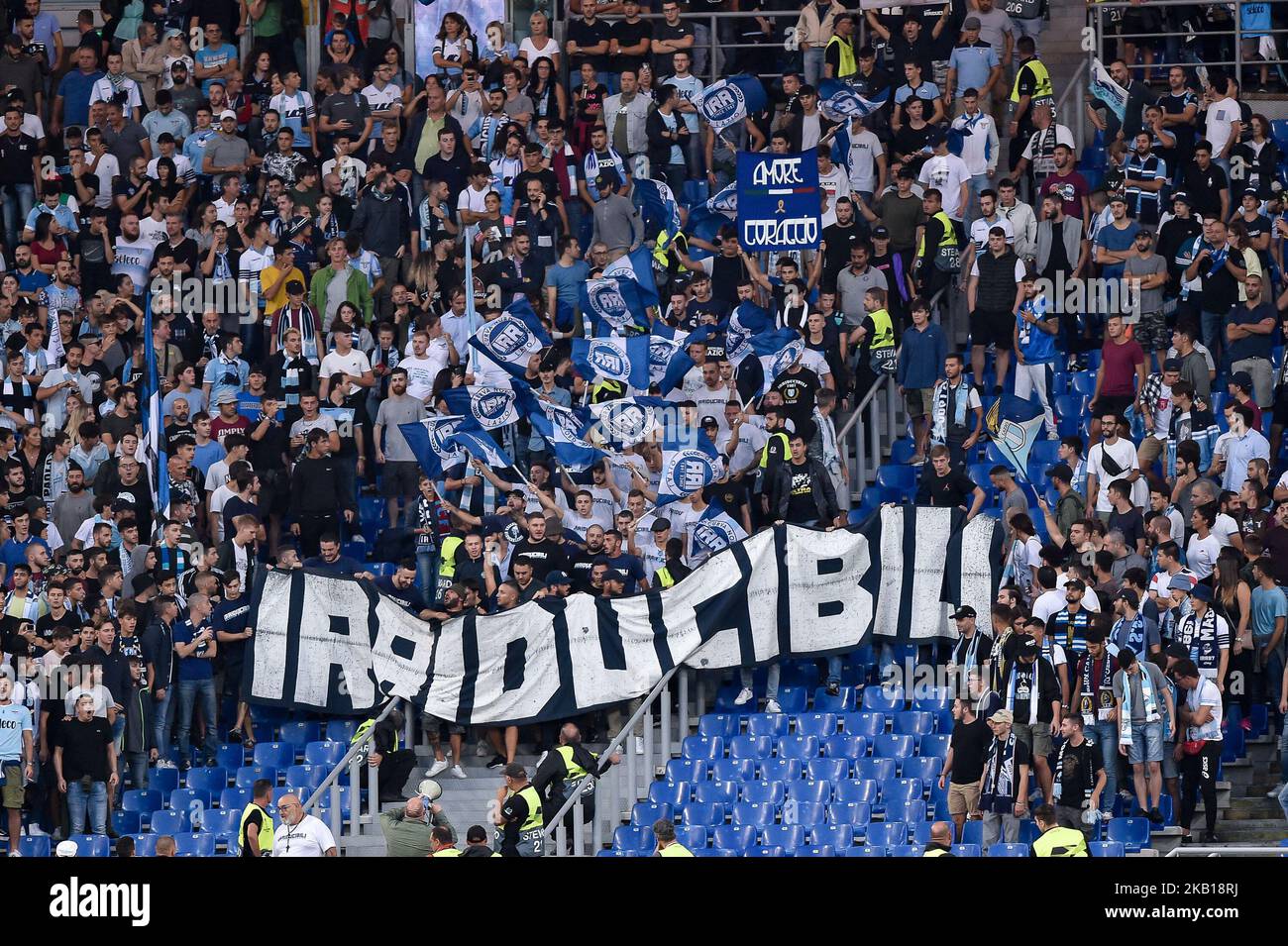 Lazio supporters 'Irriducibili' during the UEFA Europa League Group Stage  match between Lazio and Apollon Limassol at Stadio Olimpico, Rome, Italy on  20 September 2018. (Photo by Giuseppe Maffia/NurPhoto Stock Photo - Alamy, image size:1300x955