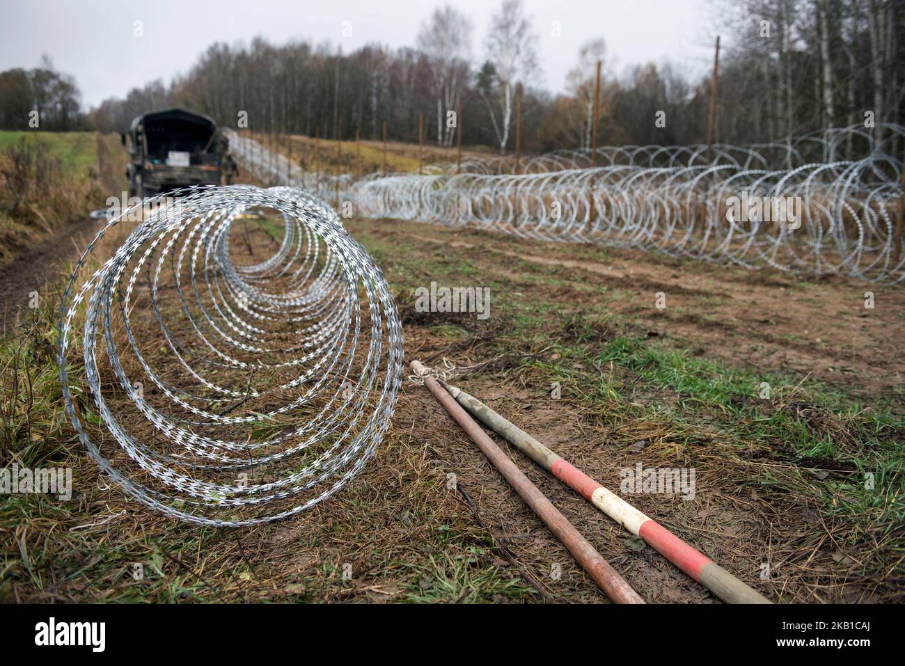 Wisztyniec, Poland, 03/11/2022, Coiled razor wire seen at the border ...