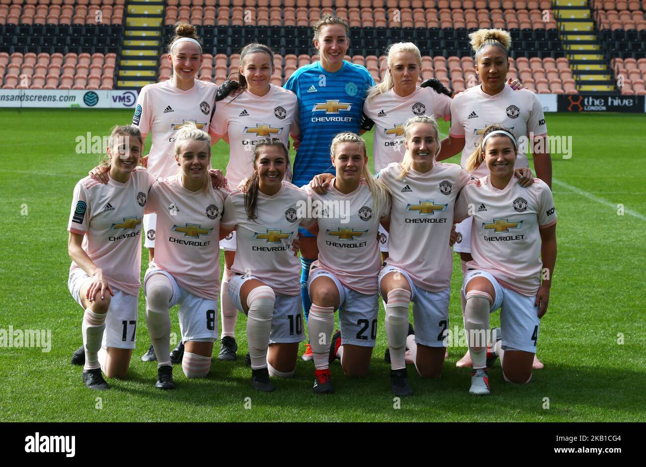 Back Row - Aimee Palmer, Kirsty Hanson,Siobhan Chamberlain, Alex Greenwood and Lauren James of Manchester United Women Front Row - Lizzie Arnot, Mollie Green, Katie Zelem, Kirsty Smith, Millie Turner and Amy Turner of Manchester United Women during Women's Super League Two match between London Bees FC and Manchester United Women FC at The Hive in London, England on September 23, 2018. (Photo by Action Foto Sport/NurPhoto) Stock Photo